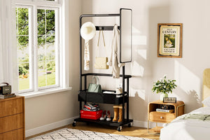 English Elm Sturdy Rolling Metal Coat Rack with Mirror Basket and Hanging Rod for Hallway Use W1162P521937