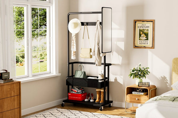 English Elm Sturdy Rolling Metal Coat Rack with Mirror Basket and Hanging Rod for Hallway Use W1162P521937