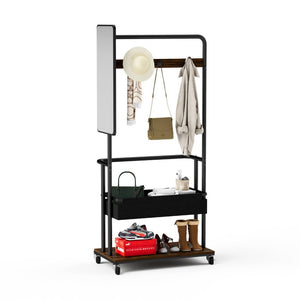 English Elm Sturdy Rolling Metal Coat Rack with Mirror Basket and Hanging Rail for Entryways W1162P521942