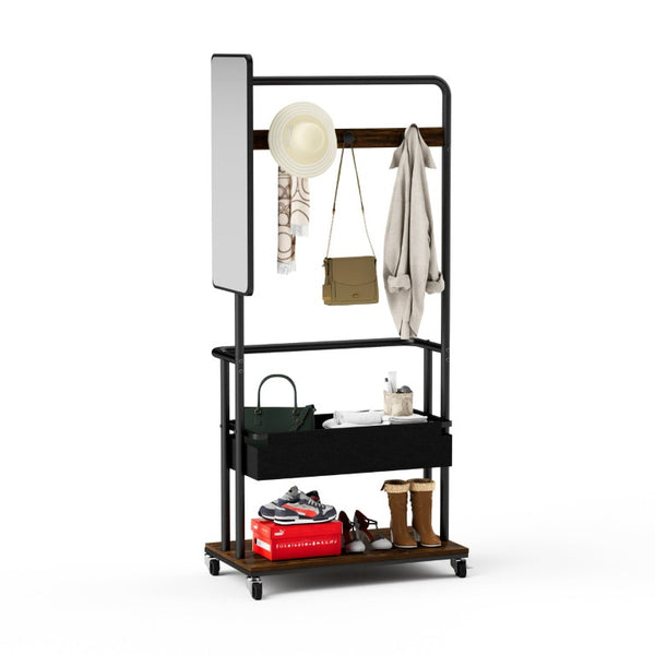 English Elm Sturdy Rolling Metal Coat Rack with Mirror Basket and Hanging Rail for Entryways W1162P521942