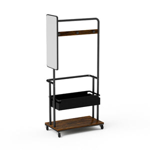 English Elm Sturdy Rolling Metal Coat Rack with Mirror Basket and Hanging Rail for Entryways W1162P521942