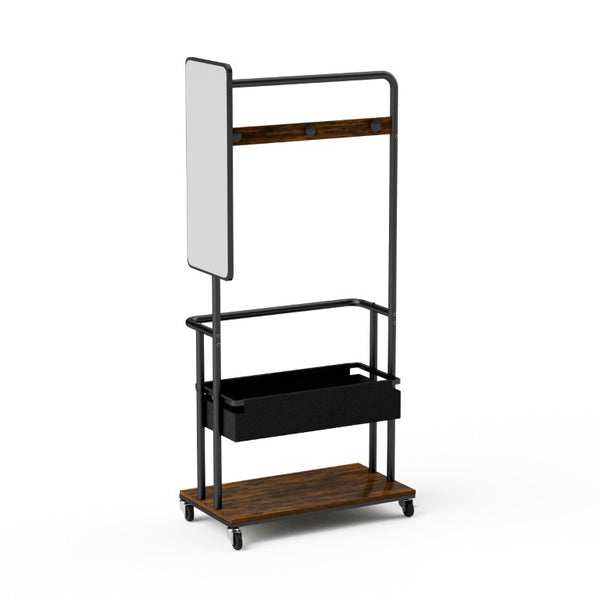 English Elm Sturdy Rolling Metal Coat Rack with Mirror Basket and Hanging Rail for Entryways W1162P521942