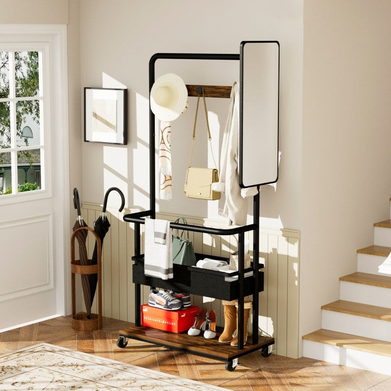 English Elm Sturdy Rolling Metal Coat Rack with Mirror Basket and Hanging Rail for Entryways W1162P521942