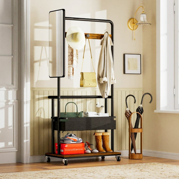 English Elm Sturdy Rolling Metal Coat Rack with Mirror Basket and Hanging Rail for Entryways W1162P521942
