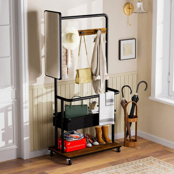 English Elm Sturdy Rolling Metal Coat Rack with Mirror Basket and Hanging Rail for Entryways W1162P521942