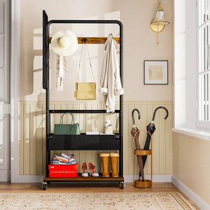English Elm Sturdy Rolling Metal Coat Rack with Mirror Basket and Hanging Rail for Entryways W1162P521942