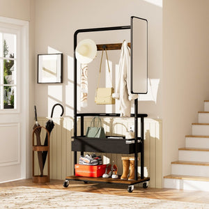 English Elm Sturdy Rolling Metal Coat Rack with Mirror Basket and Hanging Rail for Entryways W1162P521942