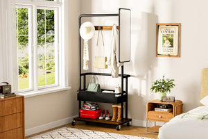 English Elm Sturdy Rolling Metal Coat Rack with Mirror Basket and Hanging Rail for Entryways W1162P521942