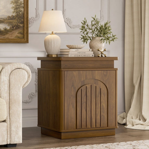 English Elm 63.7Sideboard,storage Cabinet LED Lighting Walnut Grain Arched Doors Modern Living Room W1162P534298