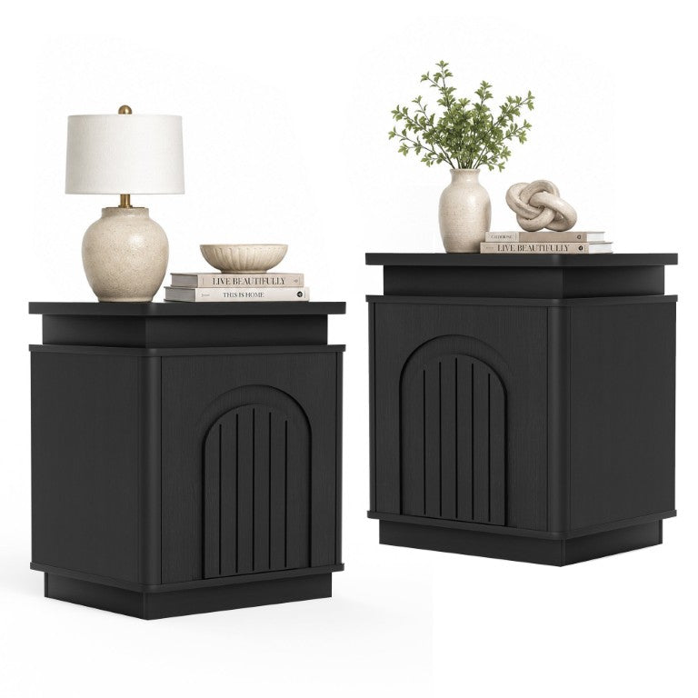 English Elm Two-Piece Mid-Century Nightstand Set with LED Lighting and Magnetic Push-Open Cabinet Doors Black 2-Piece Set W1162P534300