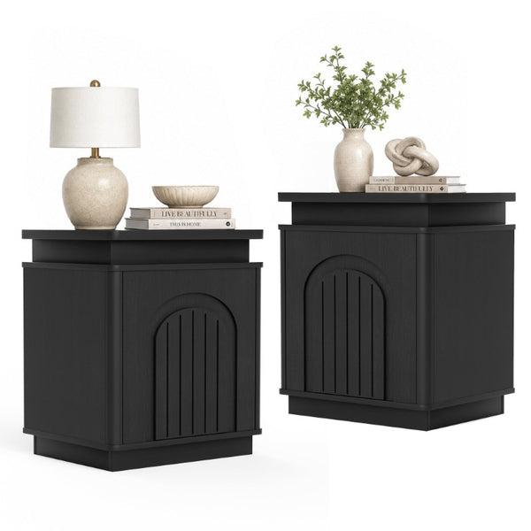 English Elm Two-Piece Mid-Century Nightstand Set with LED Lighting and Magnetic Push-Open Cabinet Doors Black 2-Piece Set W1162P534300