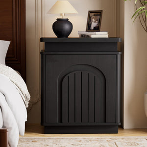 English Elm Two-Piece Mid-Century Nightstand Set with LED Lighting and Magnetic Push-Open Cabinet Doors Black 2-Piece Set W1162P534300