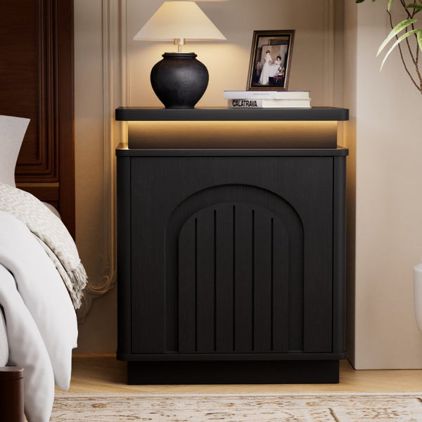 English Elm Two-Piece Mid-Century Nightstand Set with LED Lighting and Magnetic Push-Open Cabinet Doors Black 2-Piece Set W1162P534300