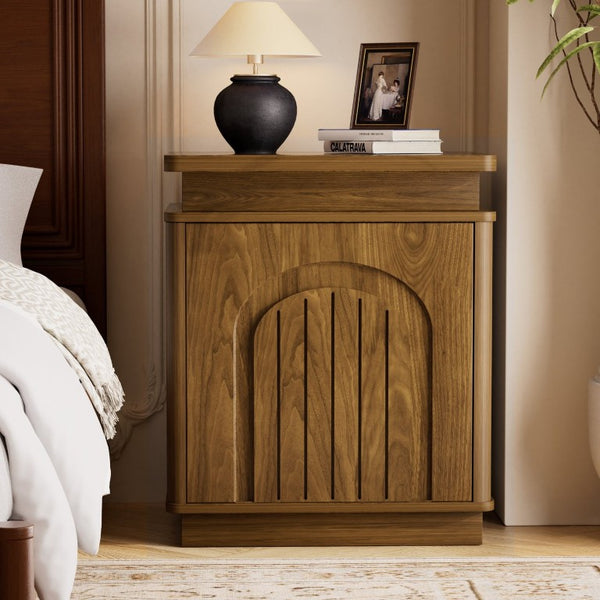 English Elm Two-Piece Mid-Century Nightstand Set with LED Lighting and Magnetic Push-Open Cabinet Doors Walnut 1 Piece W1162P534302