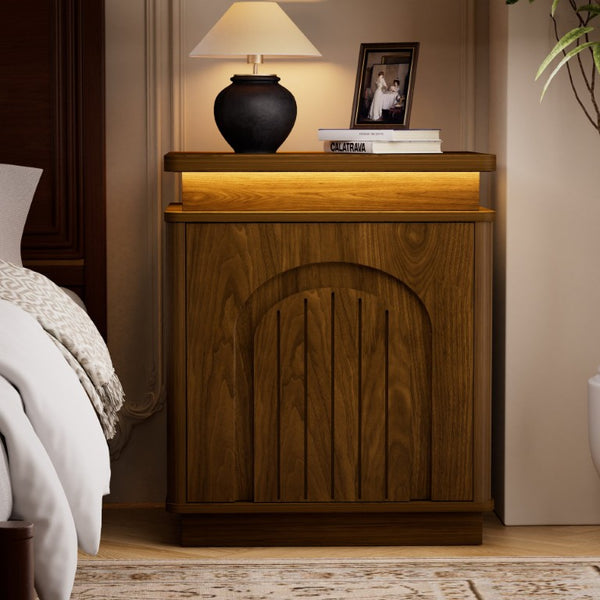 English Elm Two-Piece Mid-Century Nightstand Set with LED Lighting and Magnetic Push-Open Cabinet Doors Walnut 1 Piece W1162P534302