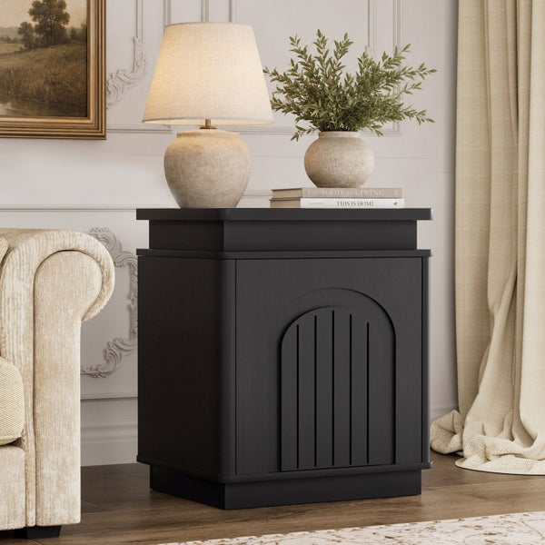 English Elm Bedside Cabinet with Arched Panel Doors LED Lighting and Push Open Storage W1162P534304