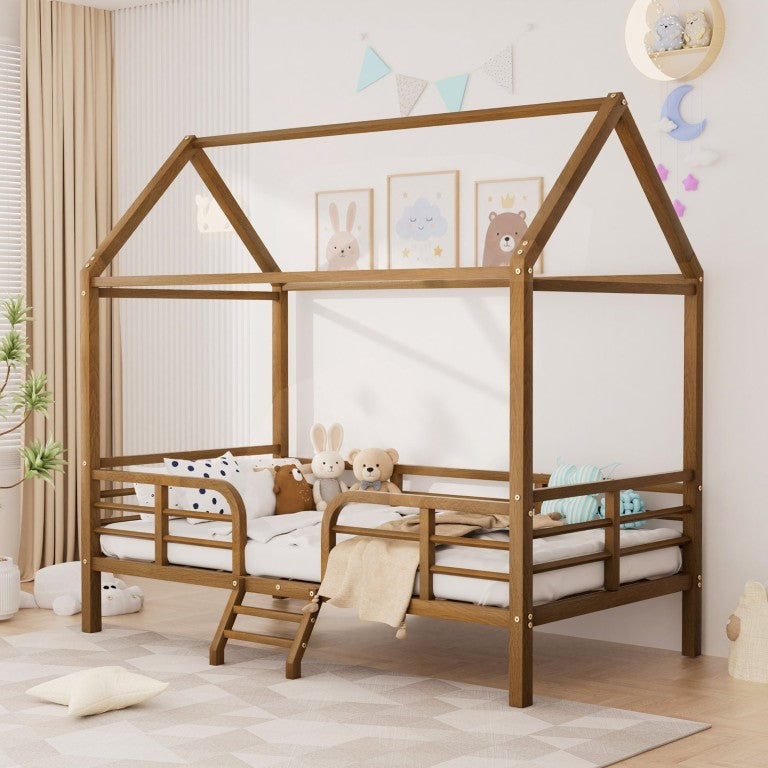 English Elm Twin House Bed Frame Steel Wood Grain Print Roof Canopy Guardrails Ladder Storage Walnut W1162P543851