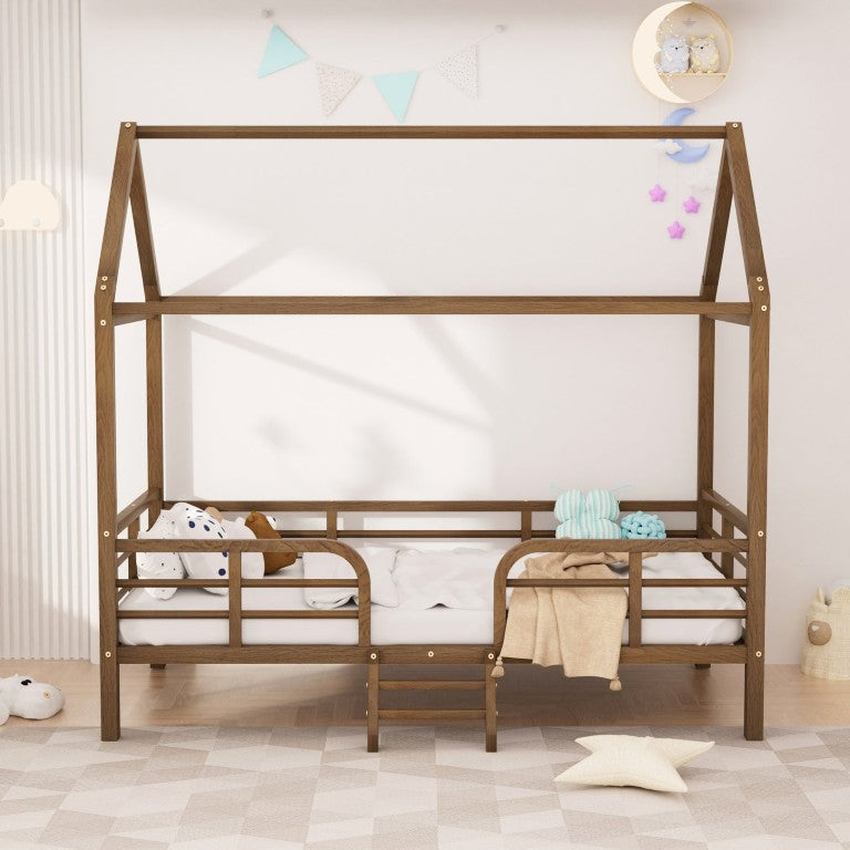 English Elm Twin House Bed Frame Steel Wood Grain Print Roof Canopy Guardrails Ladder Storage Walnut W1162P543851