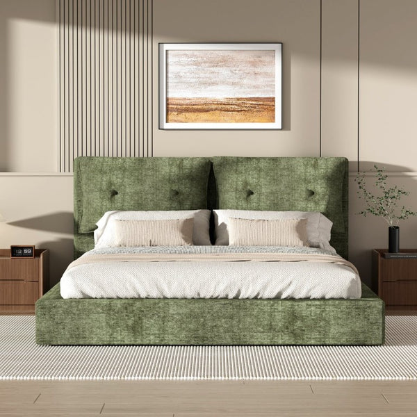 English Elm Airframe Cloud Bed Queen Chenille Upholstered Frame with Foam Edged Low Profile Design Green W1162P549521
