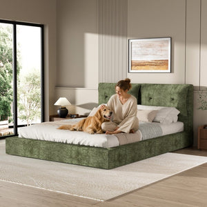 English Elm Airframe Cloud Bed Queen Chenille Upholstered Frame with Foam Edged Low Profile Design Green W1162P549521