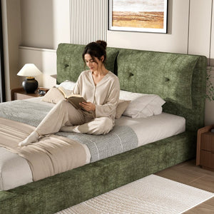 English Elm Airframe Cloud Bed Queen Chenille Upholstered Frame with Foam Edged Low Profile Design Green W1162P549521