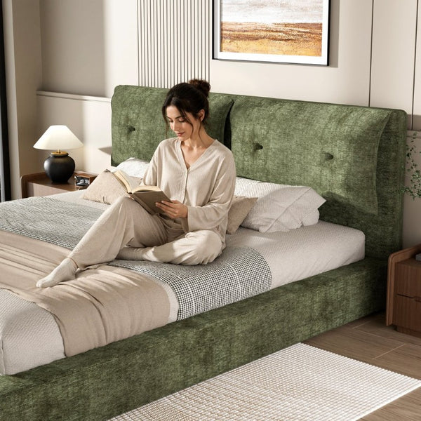 English Elm Airframe Cloud Bed Queen Chenille Upholstered Frame with Foam Edged Low Profile Design Green W1162P549521