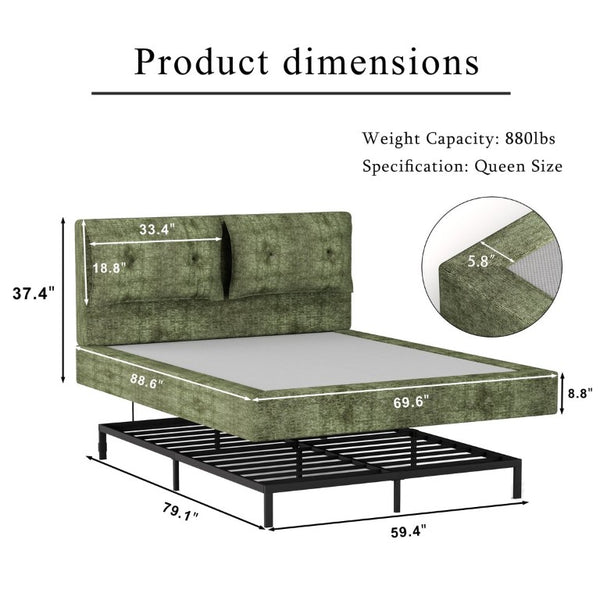 English Elm Airframe Cloud Bed Queen Chenille Upholstered Frame with Foam Edged Low Profile Design Green W1162P549521