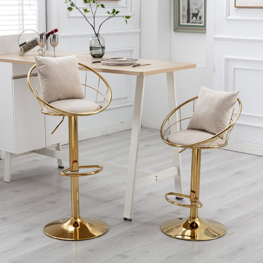 English Elm Off-White Velvet Swivel Barstools with Gold Frame Lattice Back and Lumbar Pillow Set W117064133