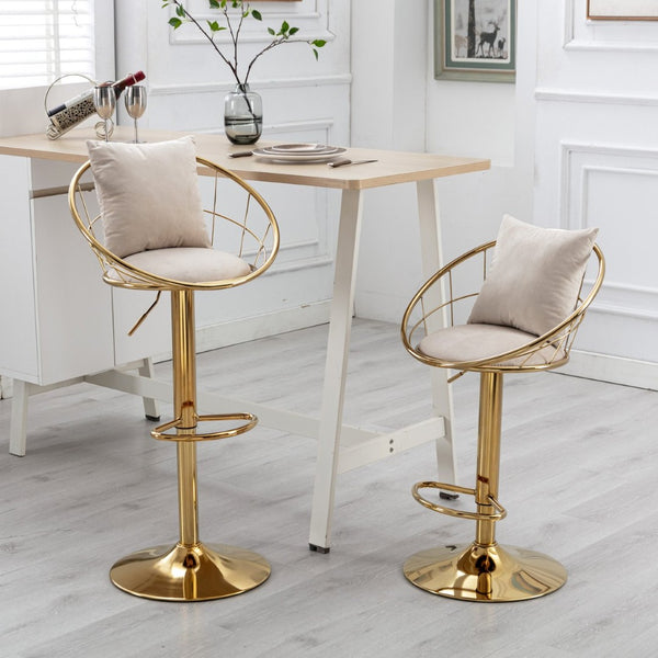 English Elm Off-White Velvet Swivel Barstools with Gold Frame Lattice Back and Lumbar Pillow Set W117064133