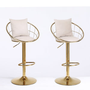 English Elm Off-White Velvet Swivel Barstools with Gold Frame Lattice Back and Lumbar Pillow Set W117064133