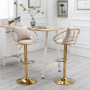 English Elm Off-White Velvet Swivel Barstools with Gold Frame Lattice Back and Lumbar Pillow Set W117064133