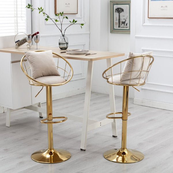 English Elm Off-White Velvet Swivel Barstools with Gold Frame Lattice Back and Lumbar Pillow Set W117064133