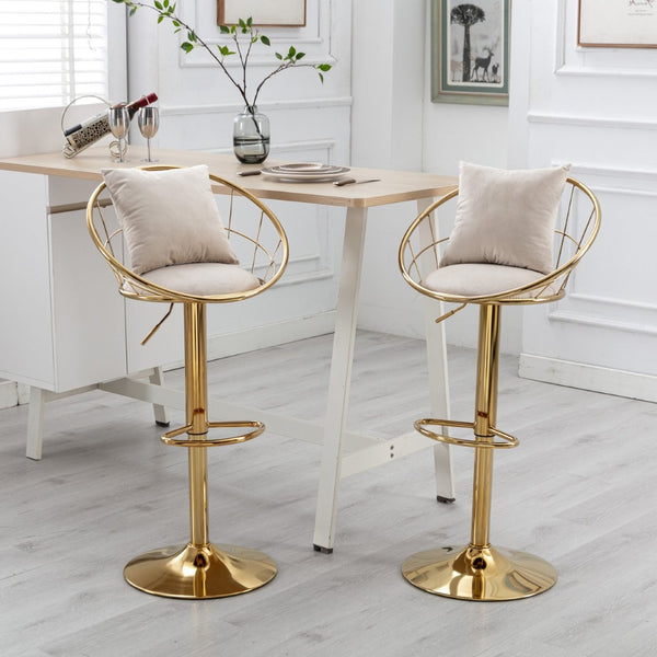 English Elm Off-White Velvet Swivel Barstools with Gold Frame Lattice Back and Lumbar Pillow Set W117064133