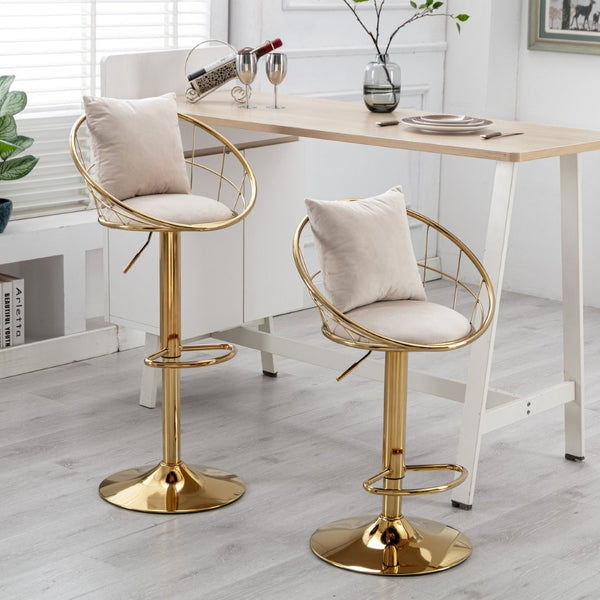 English Elm Off-White Velvet Swivel Barstools with Gold Frame Lattice Back and Lumbar Pillow Set W117064133
