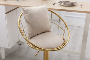 English Elm Off-White Velvet Swivel Barstools with Gold Frame Lattice Back and Lumbar Pillow Set W117064133