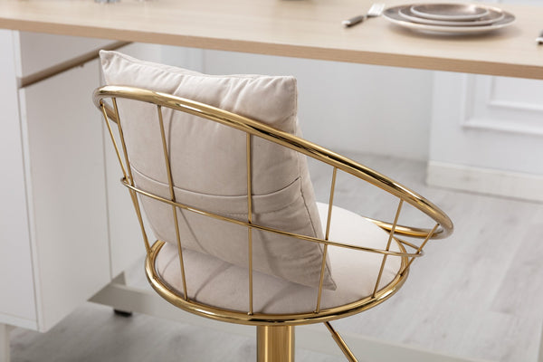 English Elm Off-White Velvet Swivel Barstools with Gold Frame Lattice Back and Lumbar Pillow Set W117064133