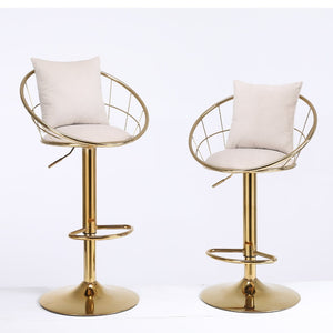 English Elm Off-White Velvet Swivel Barstools with Gold Frame Lattice Back and Lumbar Pillow Set W117064133