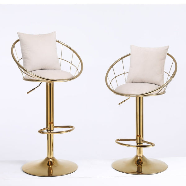 English Elm Off-White Velvet Swivel Barstools with Gold Frame Lattice Back and Lumbar Pillow Set W117064133