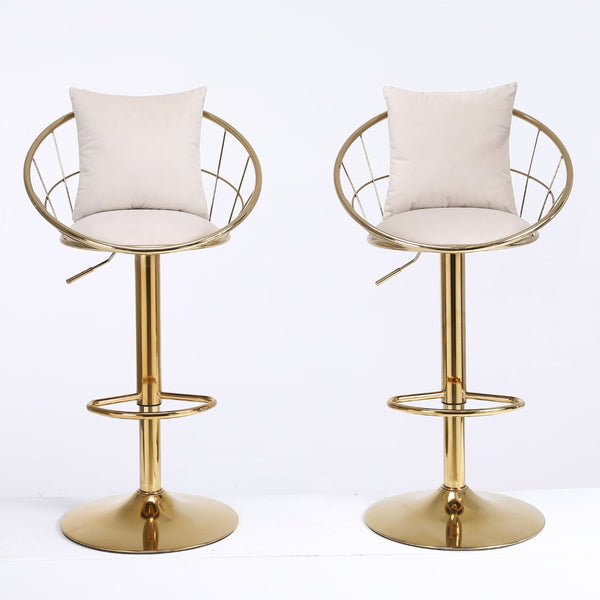 English Elm Off-White Velvet Swivel Barstools with Gold Frame Lattice Back and Lumbar Pillow Set W117064133