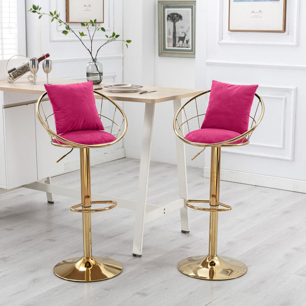 English Elm Rose Red Velvet Swivel Barstools with Gold Frame Lattice Back Glam Set of 2 W117094402