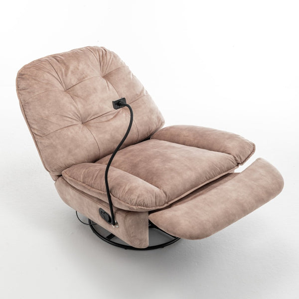 English Elm Natural Gold Stamped Velvet Swivel Gliding Recliner Oversized Chair with Phone Holder W1170P183282