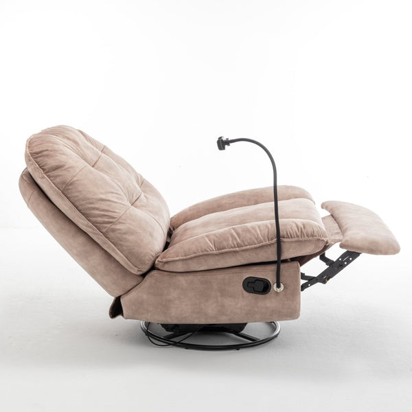 English Elm Natural Gold Stamped Velvet Swivel Gliding Recliner Oversized Chair with Phone Holder W1170P183282