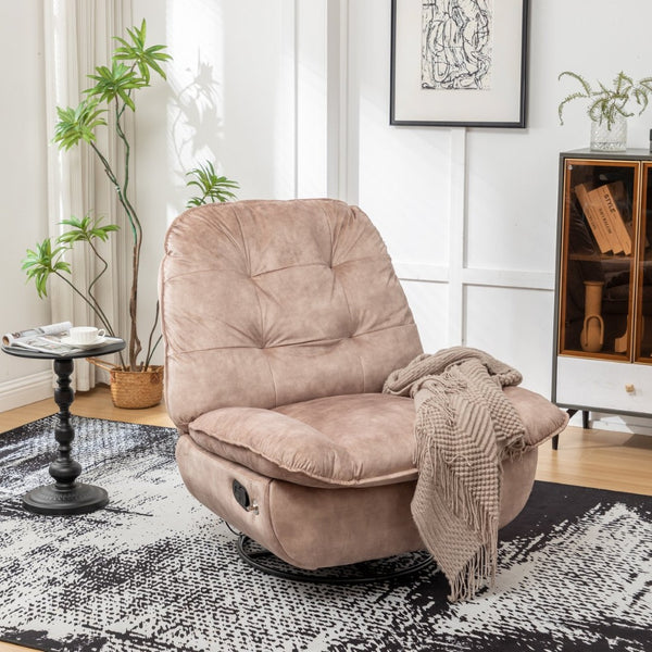 English Elm Natural Gold Stamped Velvet Swivel Gliding Recliner Oversized Chair with Phone Holder W1170P183282