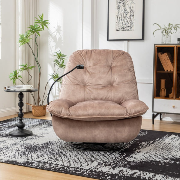 English Elm Natural Gold Stamped Velvet Swivel Gliding Recliner Oversized Chair with Phone Holder W1170P183282