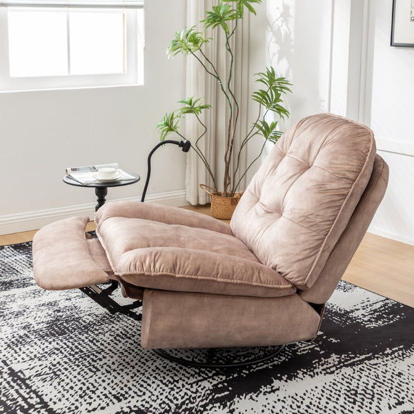 English Elm Natural Gold Stamped Velvet Swivel Gliding Recliner Oversized Chair with Phone Holder W1170P183282