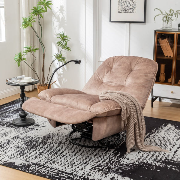 English Elm Natural Gold Stamped Velvet Swivel Gliding Recliner Oversized Chair with Phone Holder W1170P183282