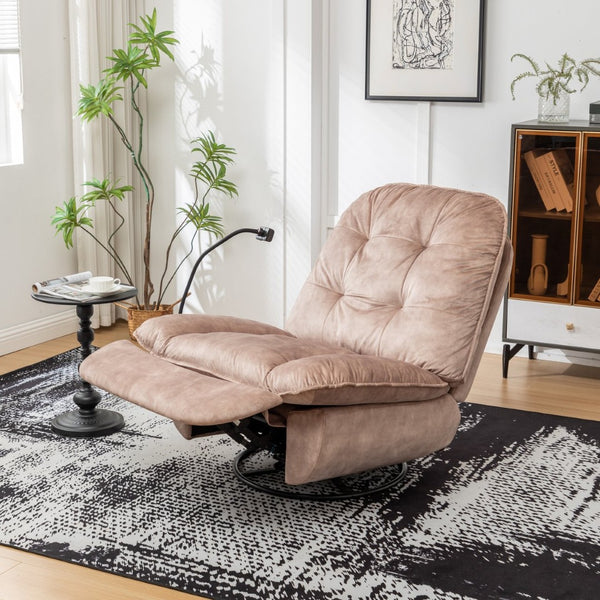 English Elm Natural Gold Stamped Velvet Swivel Gliding Recliner Oversized Chair with Phone Holder W1170P183282