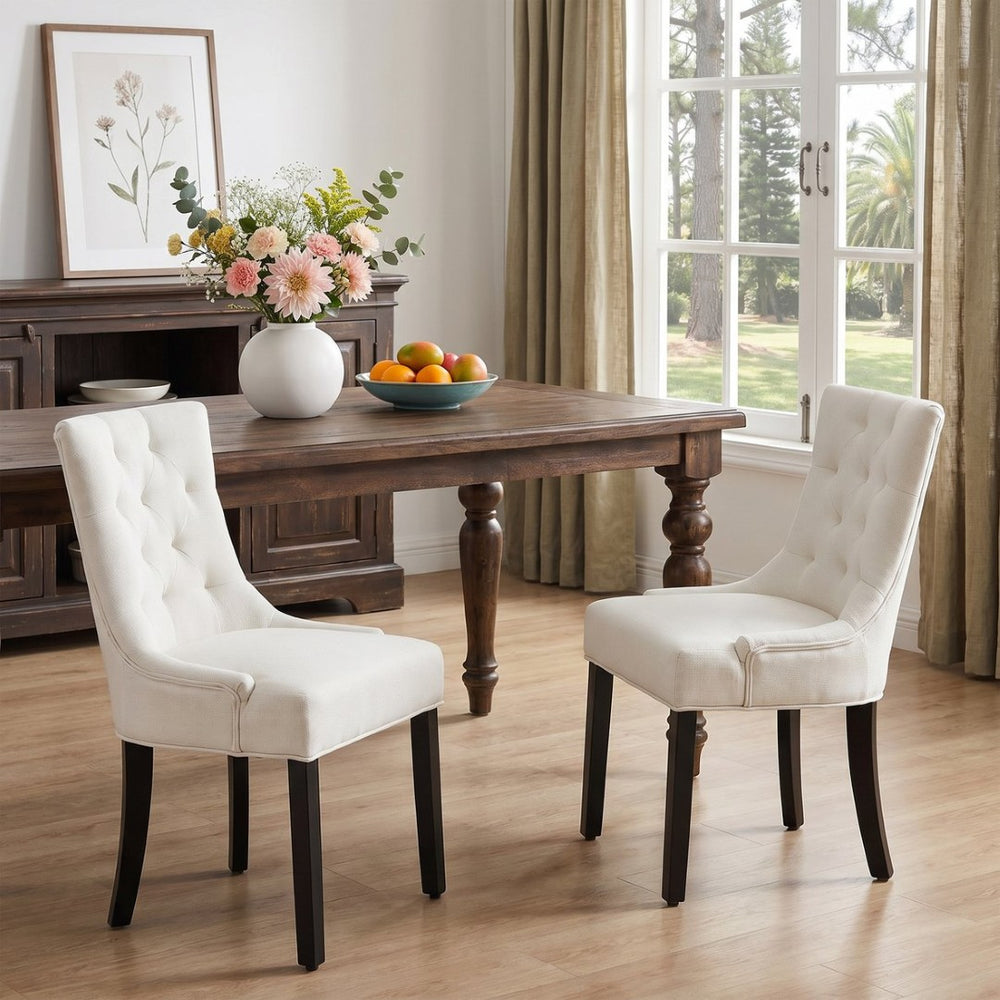 English Elm Modern Linen Tufted Armchair Set of Two with Solid Wood Legs for Dining and Living Beige W1170P457196