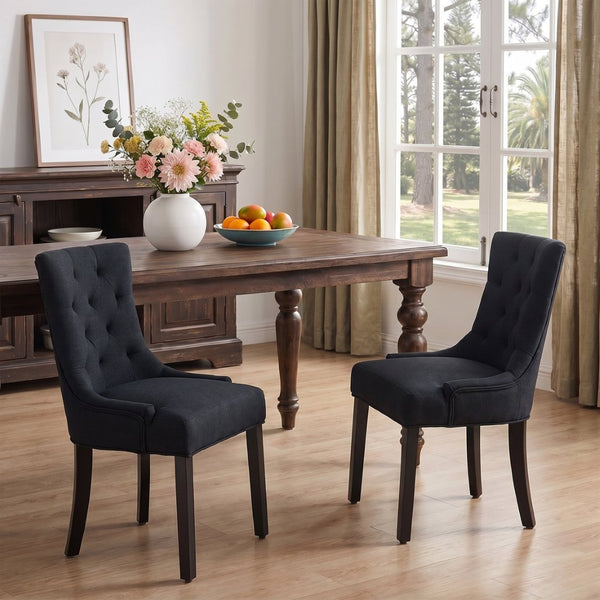 English Elm Modern Linen Tufted Armchair Set of Two with Solid Wood Legs for Dining and Living Black W1170P457208