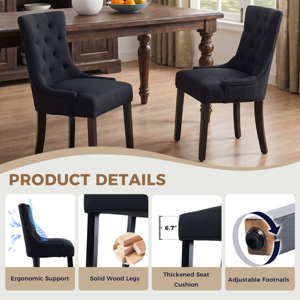 English Elm Modern Linen Tufted Armchair Set of Two with Solid Wood Legs for Dining and Living Black W1170P457208